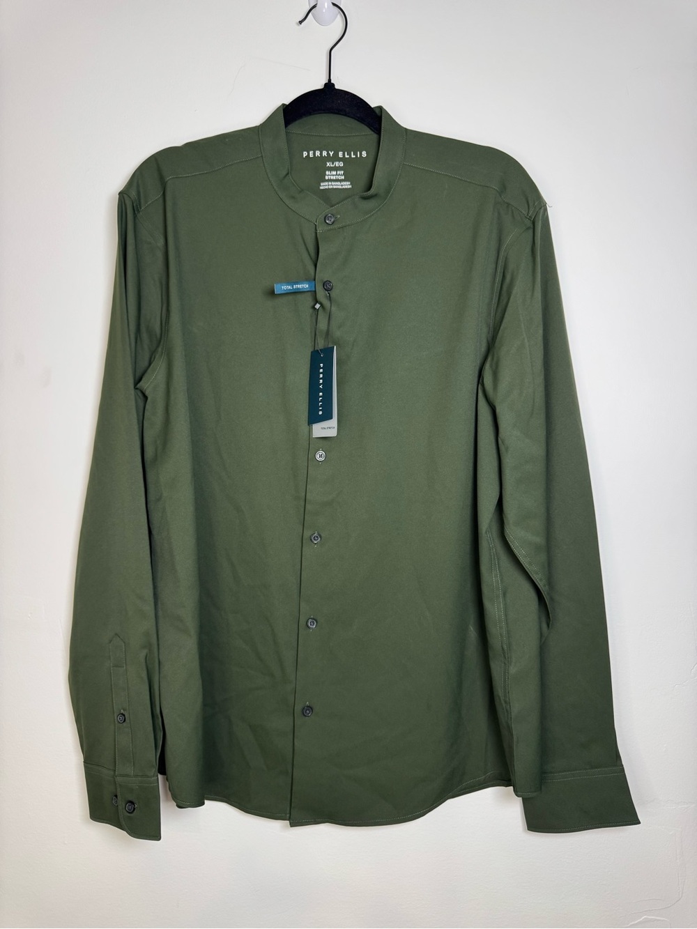 Perry Ellis Untucked Total Stretch Slim Fit Banded Collar Shirt Green XL NWT